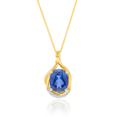 9ct Yellow Gold Created Ceylon Sapphire and Diamond Pendant on 45cm Chain