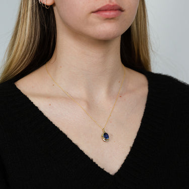 9ct Yellow Gold Created Ceylon Sapphire and Diamond Pendant on 45cm Chain