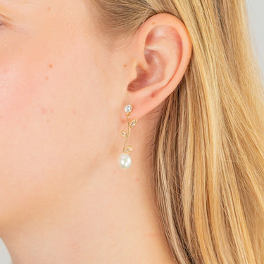 9ct Yellow Gold Cubic Zirconia Flower Pearl Drop Earrings
