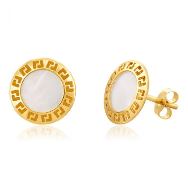9ct Yellow Gold Mother Of Pearl Greek Key Disc Stud Earrings