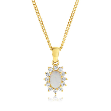 9ct Yellow Gold Cubic Zirconia And Opal Oval Flower Pendant