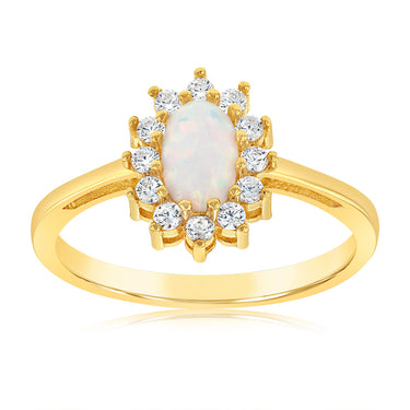 9ct Yellow Gold Cubic Zirconia And Created Opal Oval Flower Ring