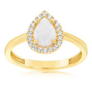 9ct Yellow Gold Cubic Zirconia And Opal Pear Ring