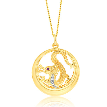 9ct Yellow And White Gold Created Ruby And Diamond Dragon Pendant