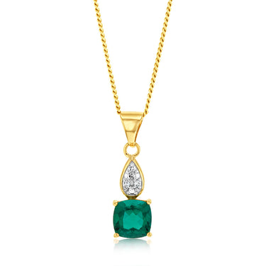 9ct Yellow Gold Created Emerald And Diamond Pendant
