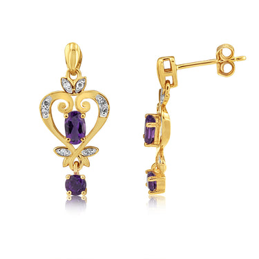 9ct Yellow Gold Amethyst And Diamond Drop Earrings