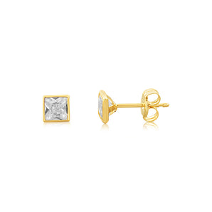 9ct Yellow Gold 4X4mm Square Bocel Cubic Zirconia Stud Earrings