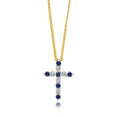9ct Yellow Gold Diamond And Created Sapphire Cross Pendant