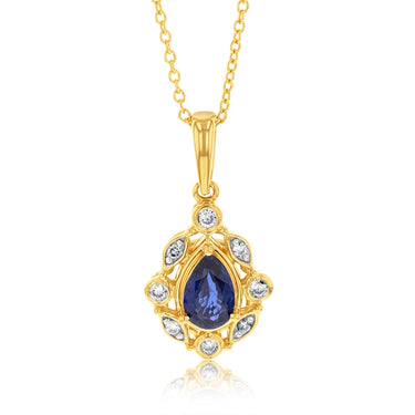 9ct Yellow Gold Diamond And Created Sapphire Pendant With Chain