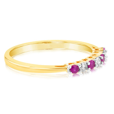 9ct Yellow Gold Diamond And Created Round Ruby Ring