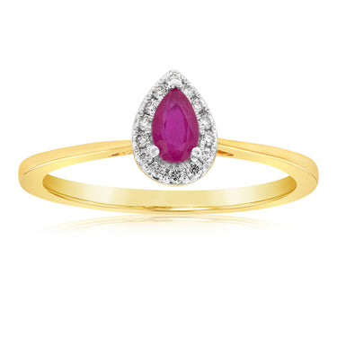 9ct Yellow Gold Diamond And Created Pear Ruby Ring
