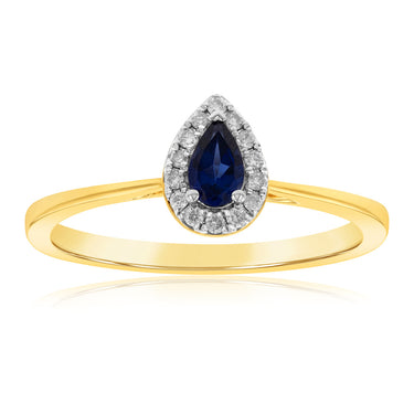 9ct Yellow Gold Diamond And Created Pear Sapphire Ring