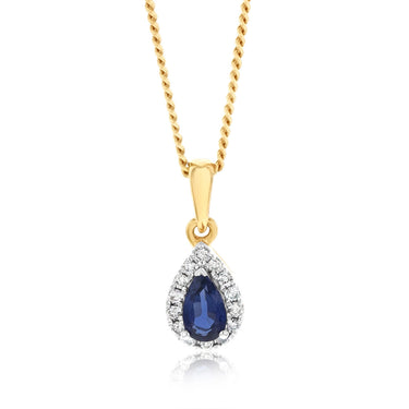 9ct Yellow Gold Diamond And Created Pear Sapphire Pendant
