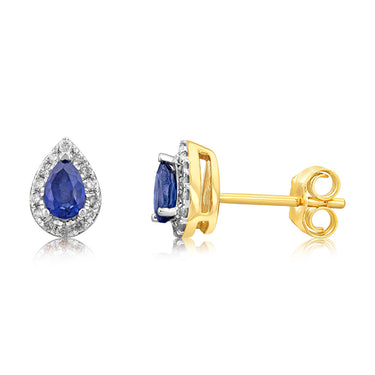 9ct Yellow Gold Diamond And Created Pear Sapphire Stud Earrings