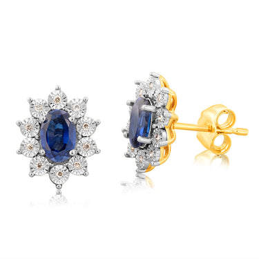 9ct Yellow Gold Diamond And Created Pear Sapphire Stud Earrings