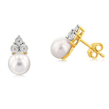 9ct Yellow Gold Pearl And Diamond Stud Earrings