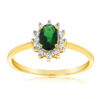 9ct Yellow Gold Diamond and Created Emerald Ring