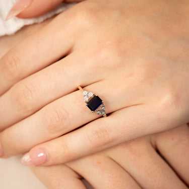 9ct Yellow Gold 7mm Created Sapphire And Diamond Ring