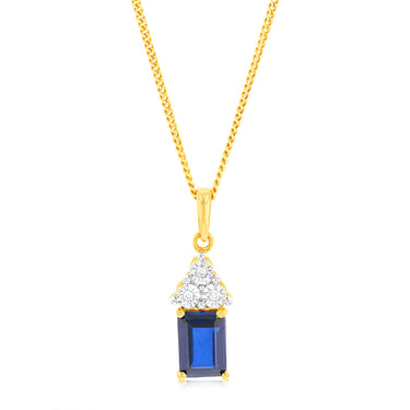 9ct Yellow Gold 7mm Created Sapphire And Diamond Pendant