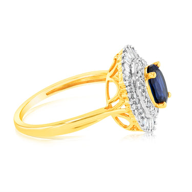 9ct Yellow Gold Oval Created Sapphire And Diamond Ring