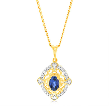 9ct Yellow Gold Oval Created Sapphire And Diamond Pendant