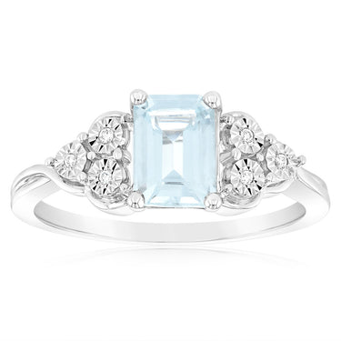 9ct White Gold Natural Aquamarine And Diamond Ring