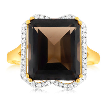 9ct Yellow Gold Natural Smokey Quartz And Diamond Ring