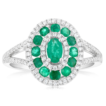 9ct White Gold Natural Emerald And Diamond Ring