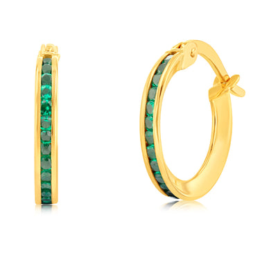 9ct Yellow Gold Green Zirconia Slim Hoop Earrings