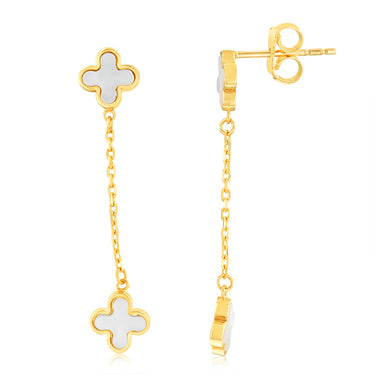 9ct Yellow Gold Mother Of Pearls Clover Petals Drop Earrings