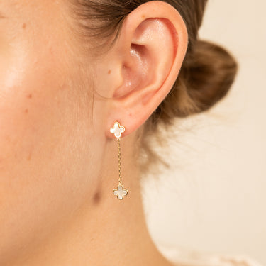 9ct Yellow Gold Mother Of Pearls Clover Petals Drop Earrings