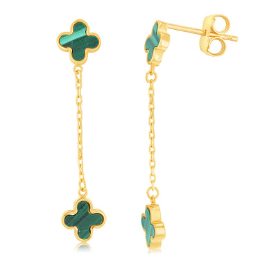 9ct Yellow Gold Malachite Clover Petal Drop Earrings