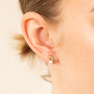 9ct Yellow Gold Zirconia And Fresh Water Pearl Two Band Stud Earrings