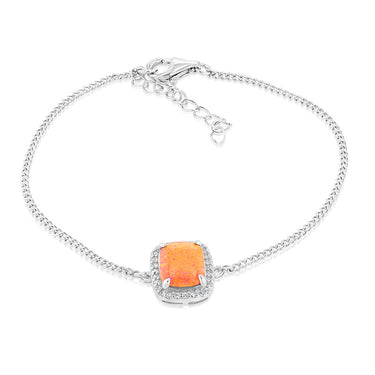 Sterling Silver Rhodium Plated Rectangle Created Orange Opal And White Zirconia 15.5+3cm Bracelet