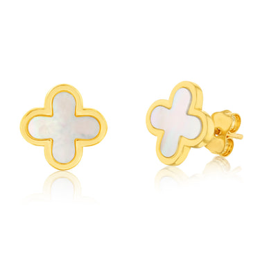 Mother of Pearl Clover Stud Earrings in 9ct Yellow Gold