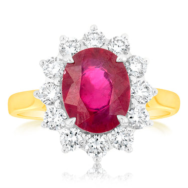 4 Carat Natural Enhanced Ruby & 1 Carat Luminesce Lab Grown Diamond Cocktail Ring in 9ct Yellow Gold