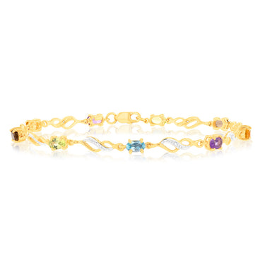 Amethyst, Citrine, Smokey Quartz, Peridot, Swiss Blue Topaz & Diamond Bracelet in 9ct Yellow Gold