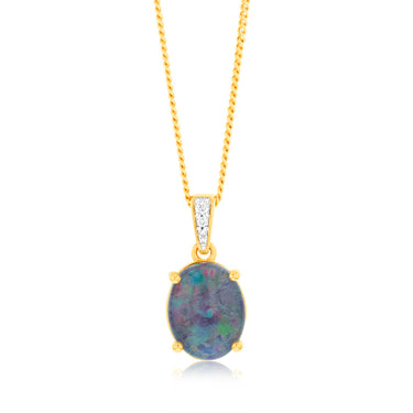 9ct Yellow Gold Oval Triplet Opal Diamond Pendant