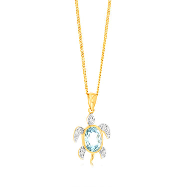 Sky Blue Topaz Tortoise Pendant with 5 Diamonds in 9ct Yellow Gold