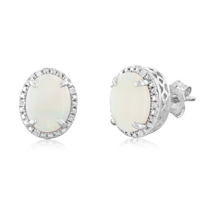 Opal & 5 Points Diamond Stud Earrings in Sterling Silver