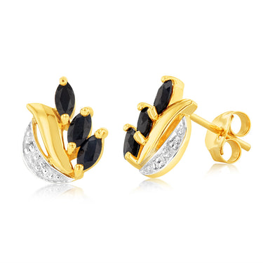 Natural Marquise Cut Dark Sapphire 0.13ct Diamond Stud Earrings in 9ct Yellow Gold