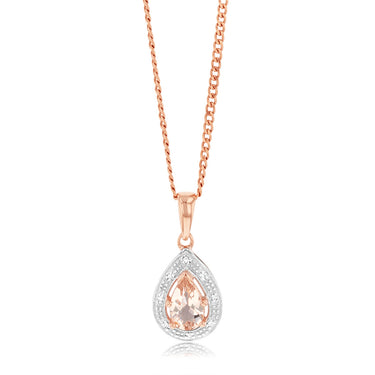 Natural Morganite 8x5mm Pear Shaped Diamond pendant in 9ct Rose Gold
