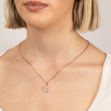 Natural Morganite 8x5mm Pear Shaped Diamond pendant in 9ct Rose Gold