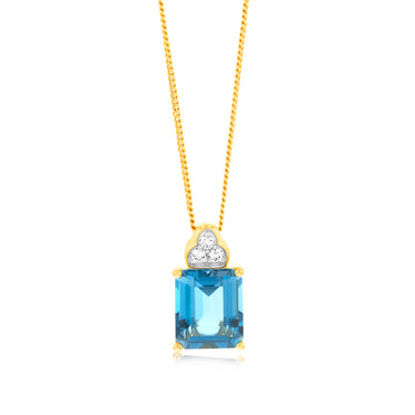 9ct Gold 5.6ct London Blue Topaz in Emerald Cut and 1/10 Carat Diamond Pendant