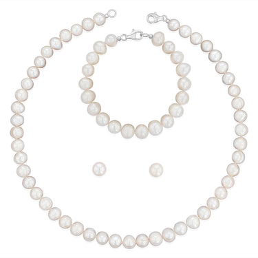 White Freshwater Pearl Bracelet, Necklace & Earring Set with Sterling Silver Clasp
