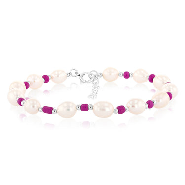 White Freshwater Pearl Bracelet with Pink & Silver Beads in Sterling Silver