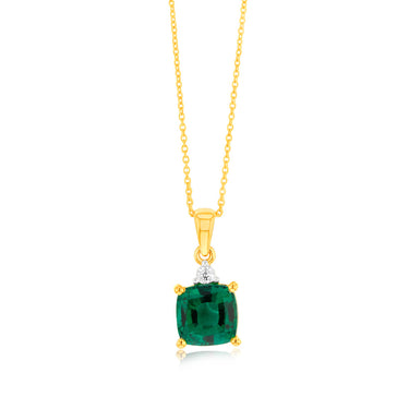 9ct Yellow Gold 1/3ct Created Emerald and Diamond Pendant On 45cm Chain