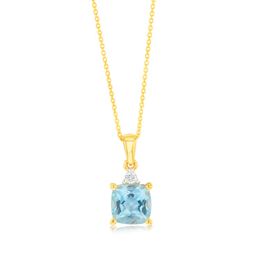 9ct Yellow Gold 1.75ct Sky Blue Topaz and Diamond Pendant on 45cm Chain