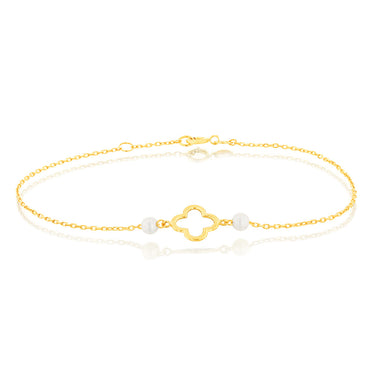 9ct Yellow Gold 19.10cm Leaf Clover and Pearl Bracelet