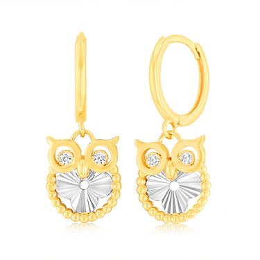9ct Yellow Gold Cubic Zirconia Owl Hoop Earrings